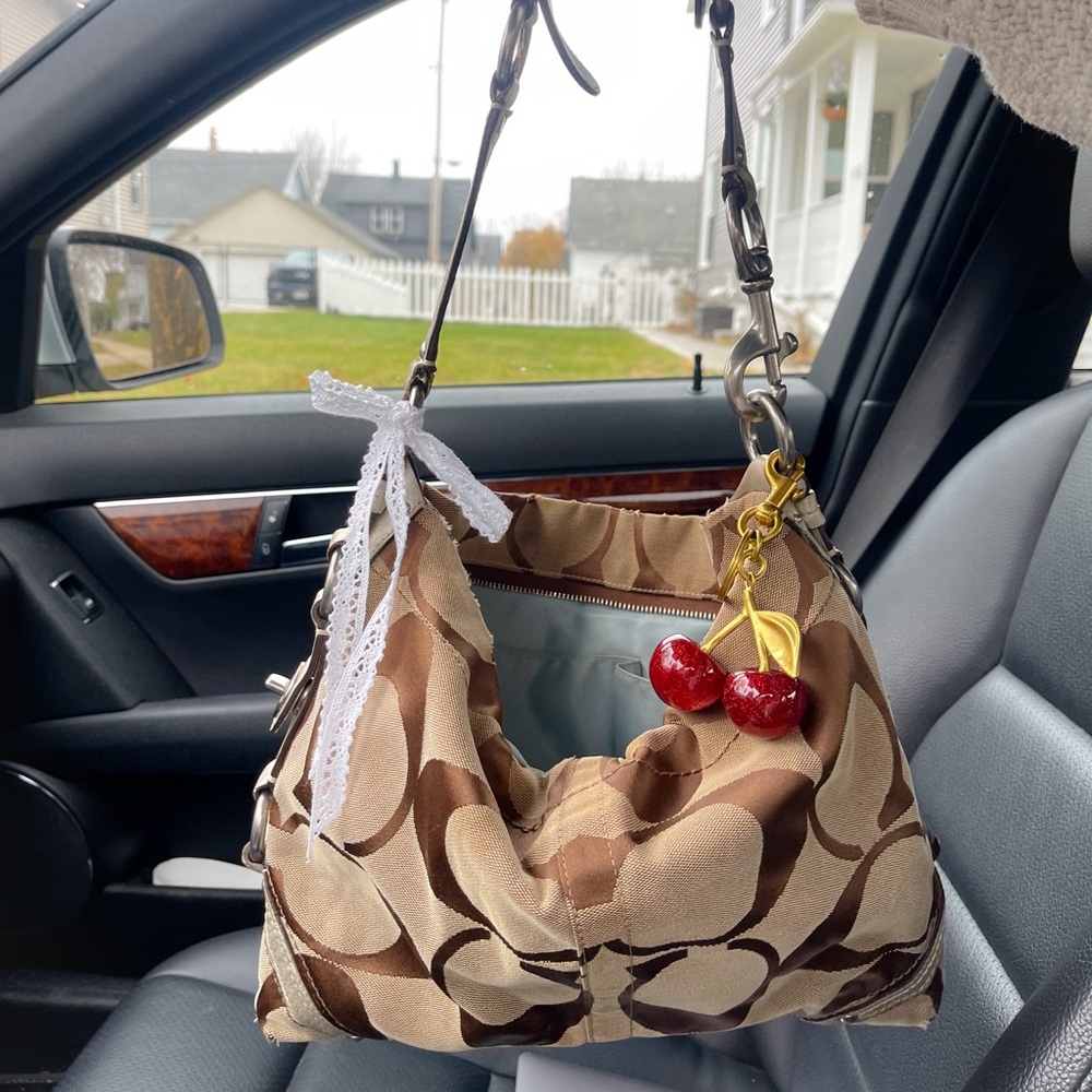 Coach Brown and Cream Shoulder Bag with Cherry Charm
